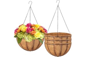 LCHUANG Hanging Baskets Planter for Plants - 4 Pack 12 Inch Metal Baskets with Coco Coir Liner, Hanging Flower Pots for Outside with Chain, Indoor Outdoor Garden Porch Decoration (12'' Pack of 4)