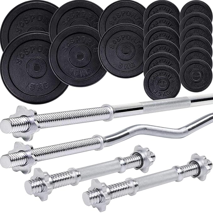 ScSPORTS® Hantelset Guss 104 kg mit 1x Langhantel, 1x SZ Curlstange und 2X Kurzhantel, Kombiset inkl. 18 Hantelscheiben