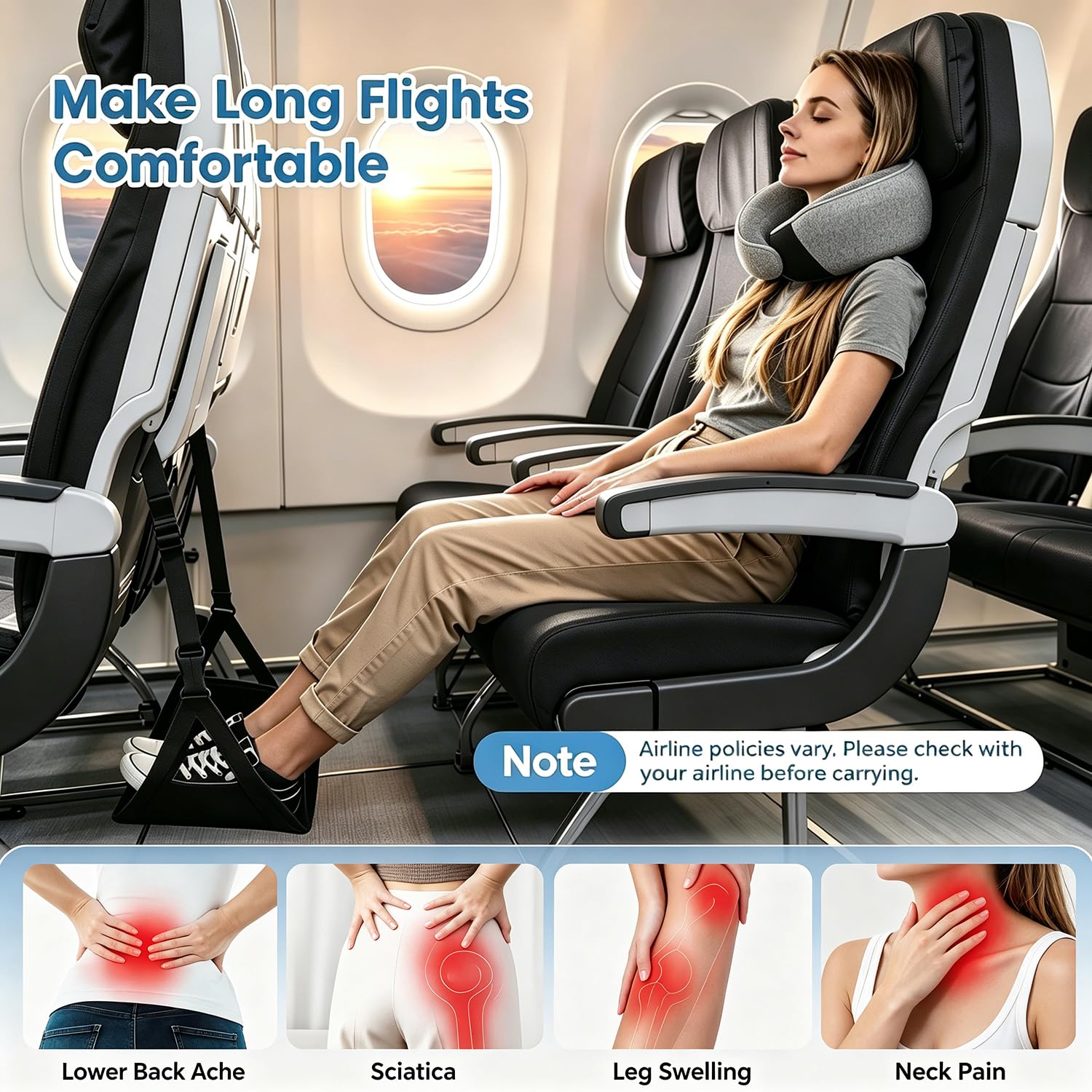 Condition photo showing New/Like New for ergonomic airplane pillow and airplane foot hammock, ultra portable neck pillow with 360° head suppo