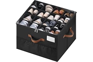 MSTONAL Shoe Organizer for Closet, 1 Pack Shoe Storage Container with Adjustable Dividers, Space Saving Shoe Box Storage Organizer Bin with Clear Lid and 4 Handles, Fits 8-16 Pairs, Pure Black
