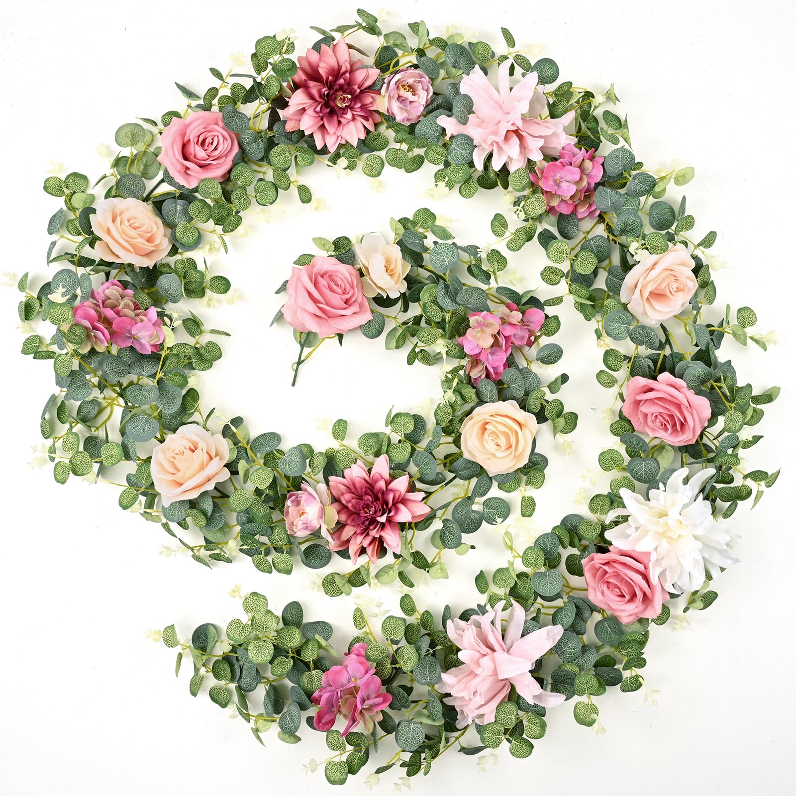 Photo 1 of Waipfaru 8.85Ft Flower Garland, Eucalyptus Greenery Garland with Flowers, Pink Rose Floral Vines for Wedding Reception Table Mantle Room Spring Summer Decor (Pink)