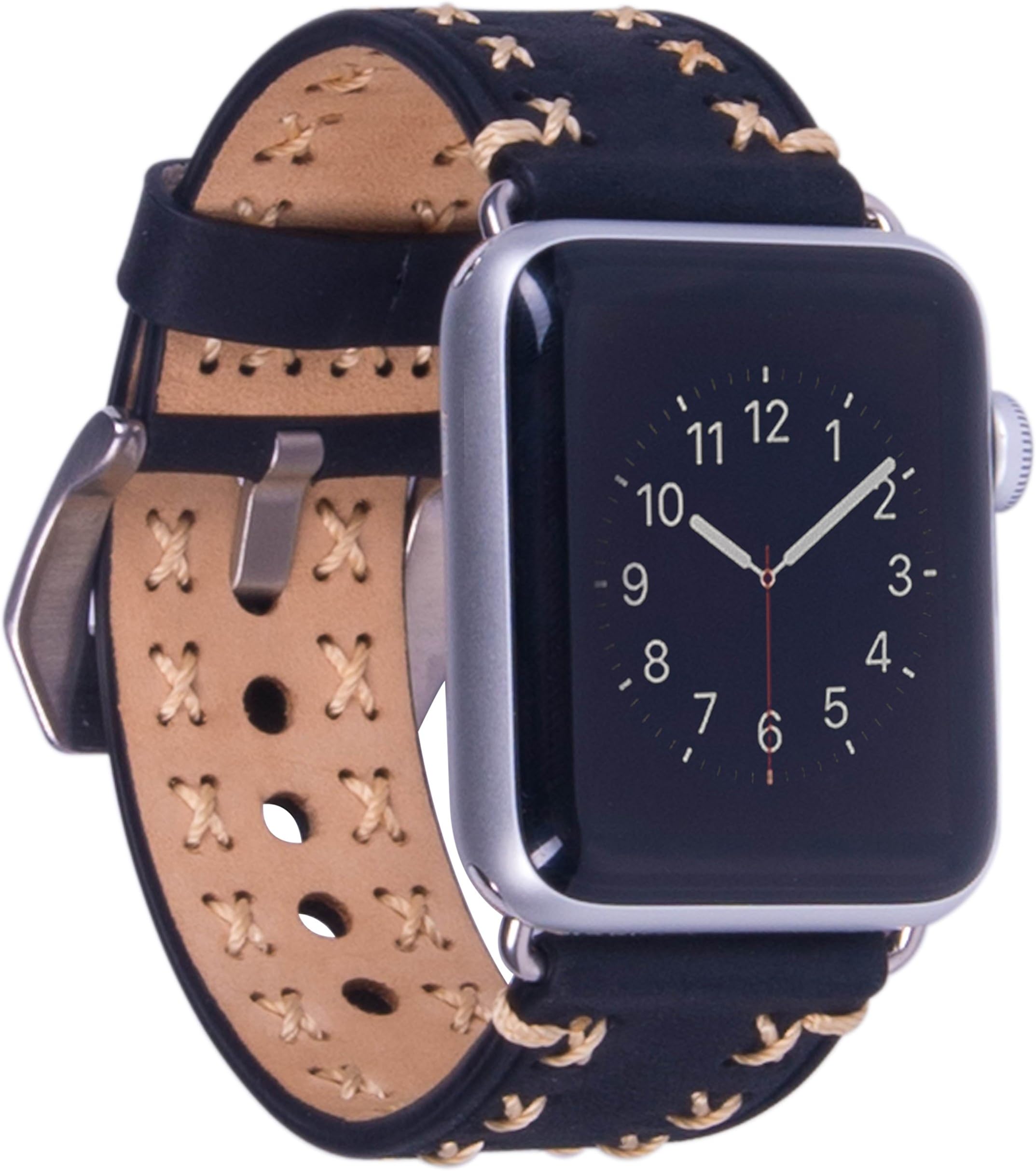 for Apple Watch Band, 42mm Handmade iWatch Strap Premium Vintage Genuine Leather Replacement Watchband with Secure Metal Clasp Buckle for All Apple Watch Sport Edition (42mm Black)