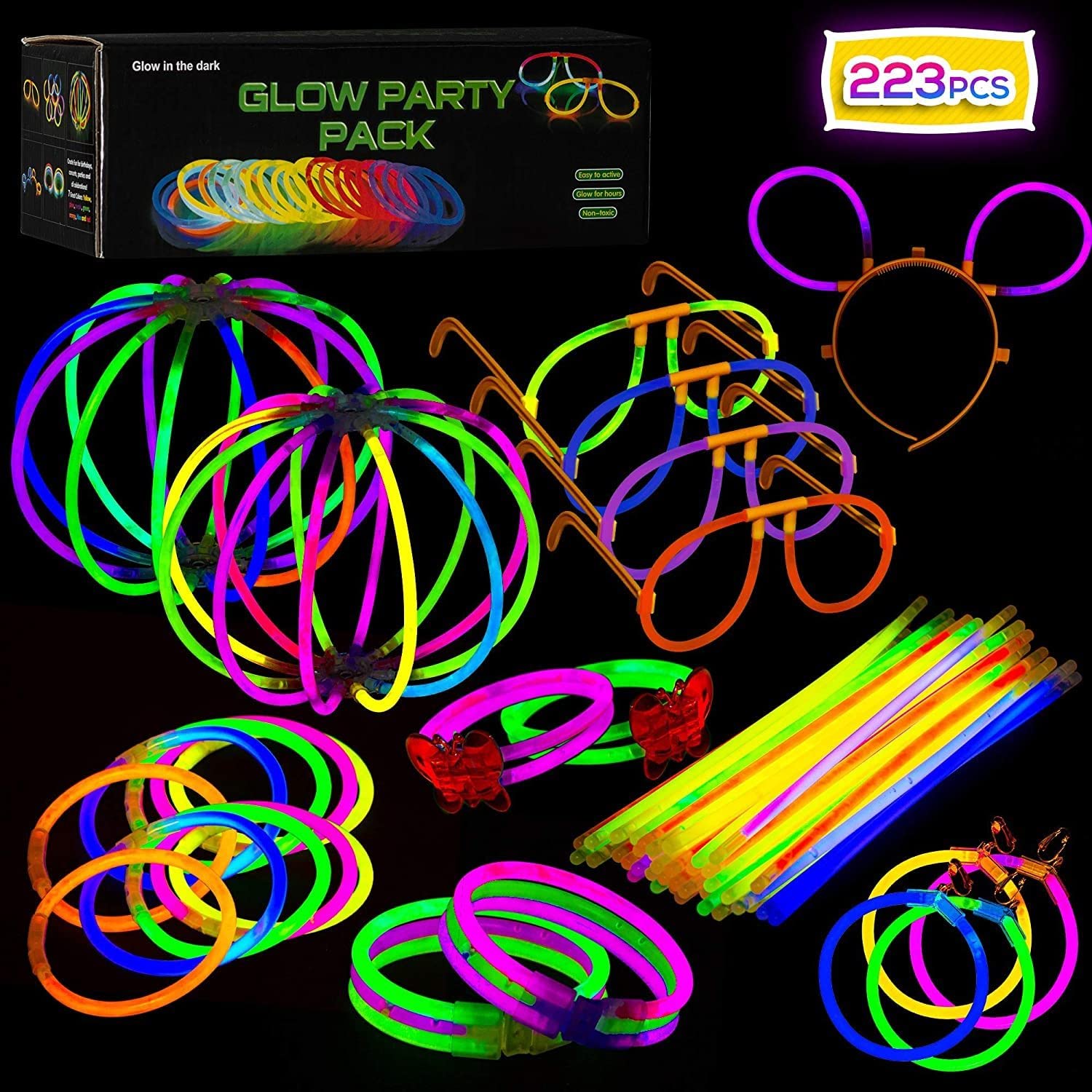 Glow Sticks Party Pack with Connectors - Colorful Lights Up Supplies for Parties, Wedding, Birthday, Festival | Glowing Bracelet, Earring, Eyeglasses