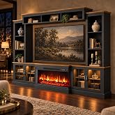 Breezestival Black Farmhouse TV Stand with Fireplace, Entertainment Center, 98" Wall Unit Media Console with Bookshelf, Cabinet &amp; Power Outlets &amp; Barn Doors, Fits TVs Up to 75&rdquo; for Living Room