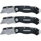 Husky Folding Sure-Grip Lock Back Utility Knives Multi Pack (3 Piece Set: 3 x Husky Knives w/ Blades) (Colors Vary)