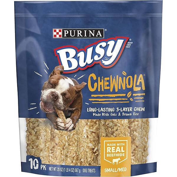 PURINA BUSY RAWHIDE SMALL/MEDIUM BREED DOG BONES, CHEWNOLA WITH OATS & BROWN RICE – 10 CT. POUCH