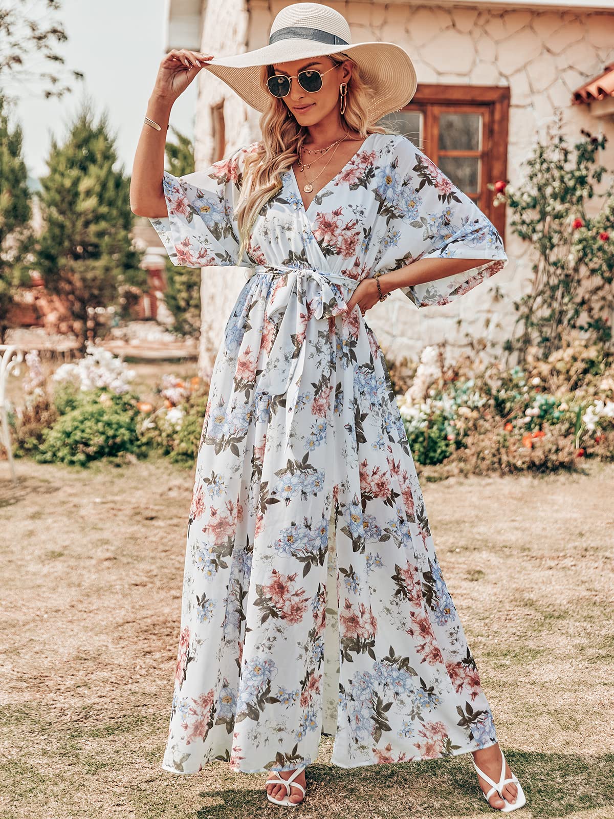 ANRABESS Women’s Summer Loose Boho Flowy Wrap V Neck 3/4 Sleeve Floral Print Slit Beach Wedding Guest Long Maxi Dresses White Flor XX-Large - Image 2