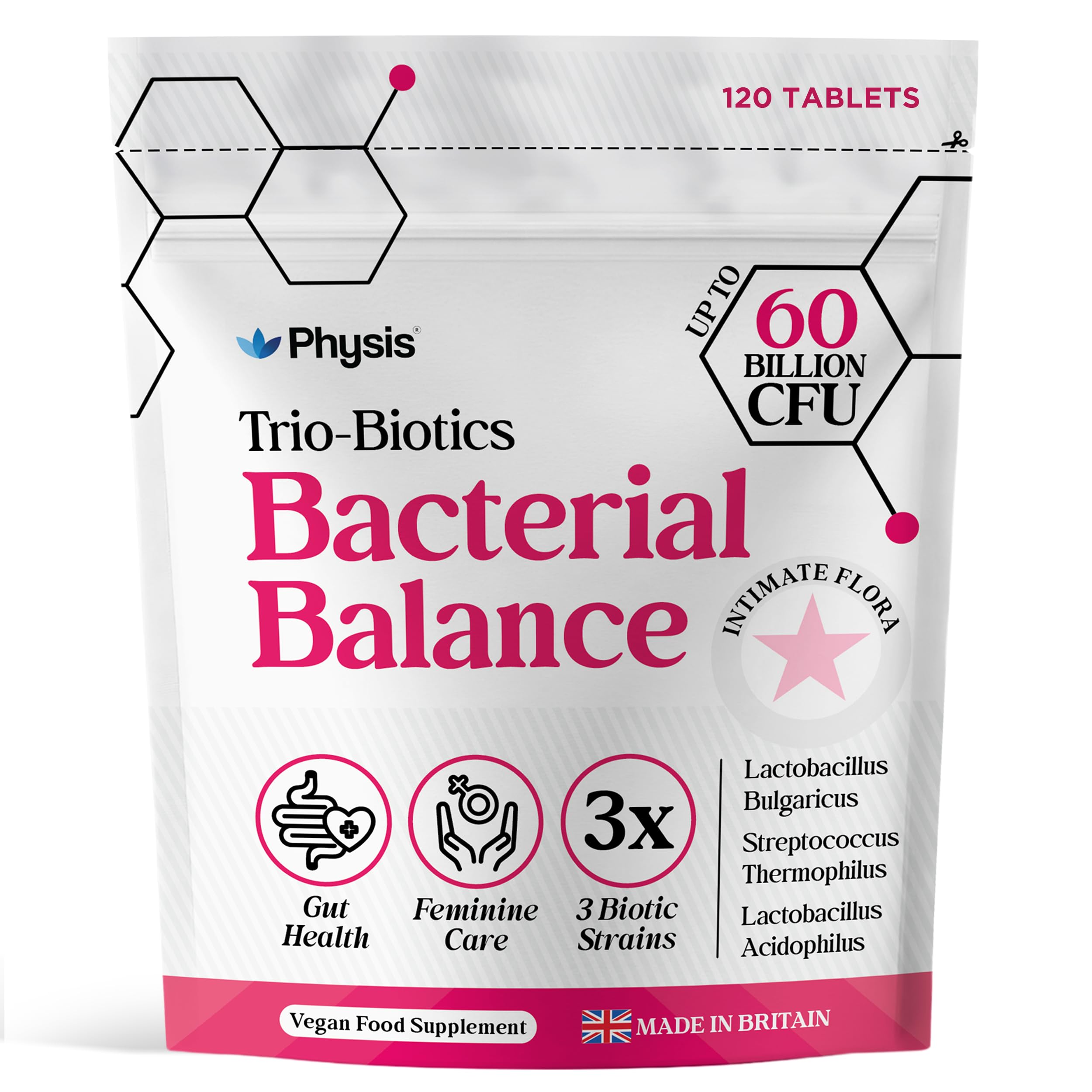 Physis Oral Probiotics for Women 60 Billion CFU | Bacterial Balance | Trio-Biotics Flora-Fresh | Feminine Care | Intimate Flora Gut Health & Relief | 3-Strain-Power | 120 Vegan Tablets