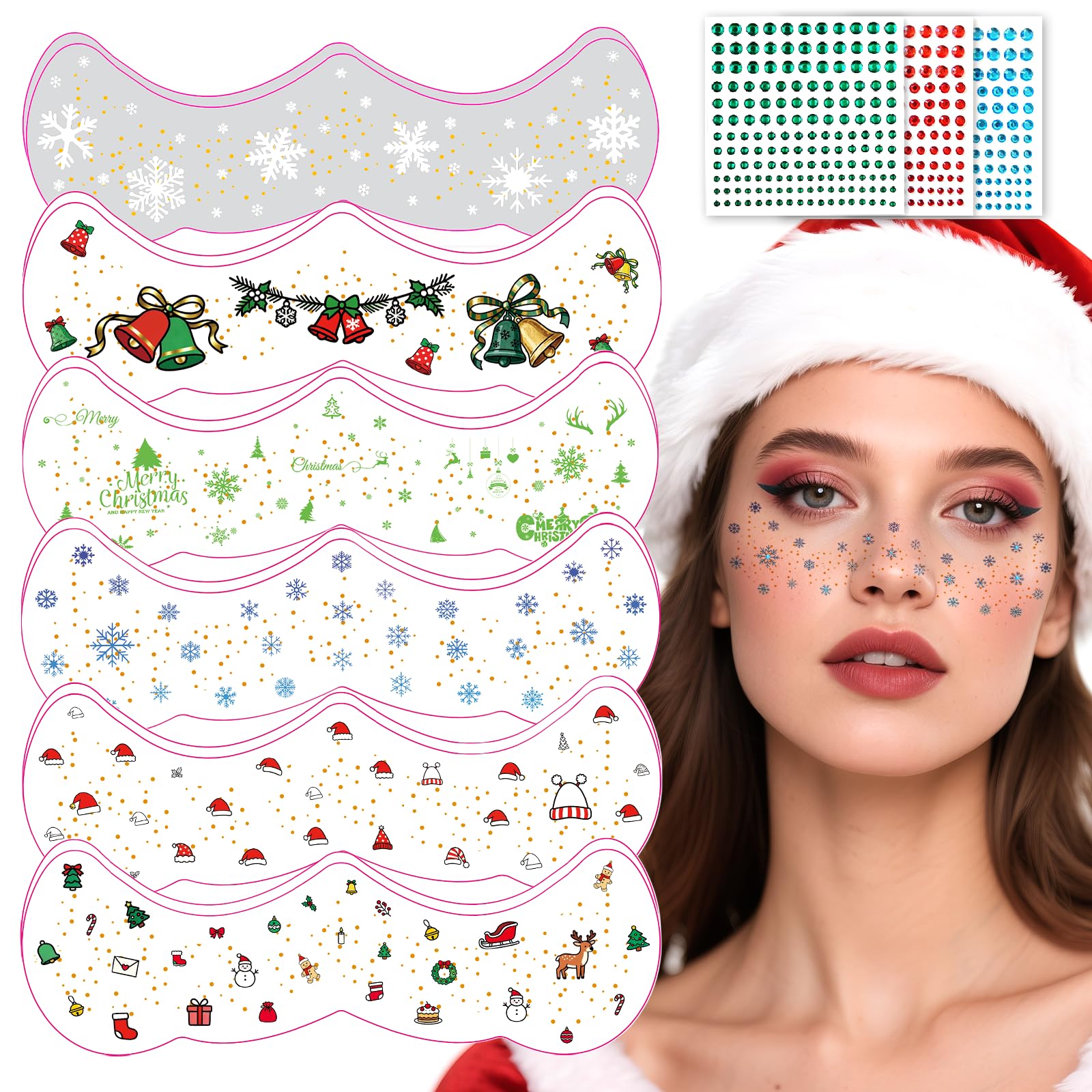 Photo 1 of 15 PCS Christmas Face Temporary Tattoos, With Red Green White Face Gems Glitter Freckles Face Tattoo for Women, Waterproof Christmas Accessories Face Makeup for Cosplay Party Supplies