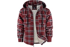 ZITY Mens Hooded Flannel Plaid Jacket Full-Zip Fleece Flannel Jacket Winter Casual Shirt Outerwear with Chest Pocket
