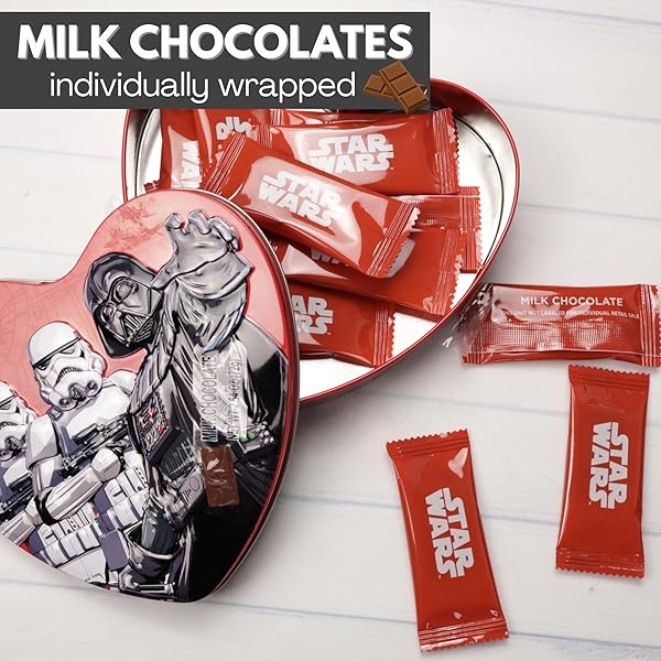 STAR WARS HEART GIFT BOX, INDIVIDUALLY WRAPPED MILK CHOCOLATES, REUSABLE COLLECTIBLE TIN, 2.54 OUNCES