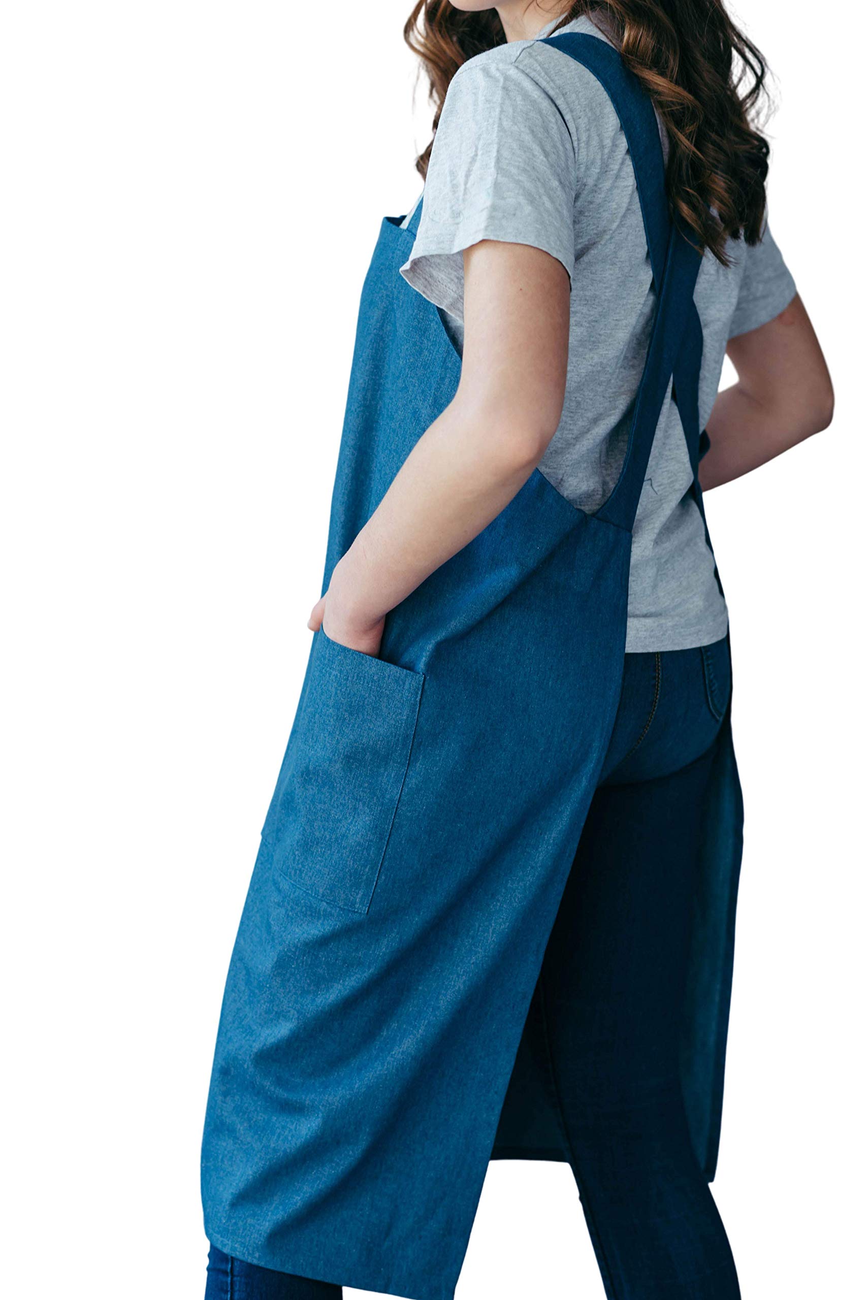 Bunny Street No-Ties Pinafore Apron, Heavy Denim Cotton, Japanese-Style Cross-Back Apron with Pockets (Denim)