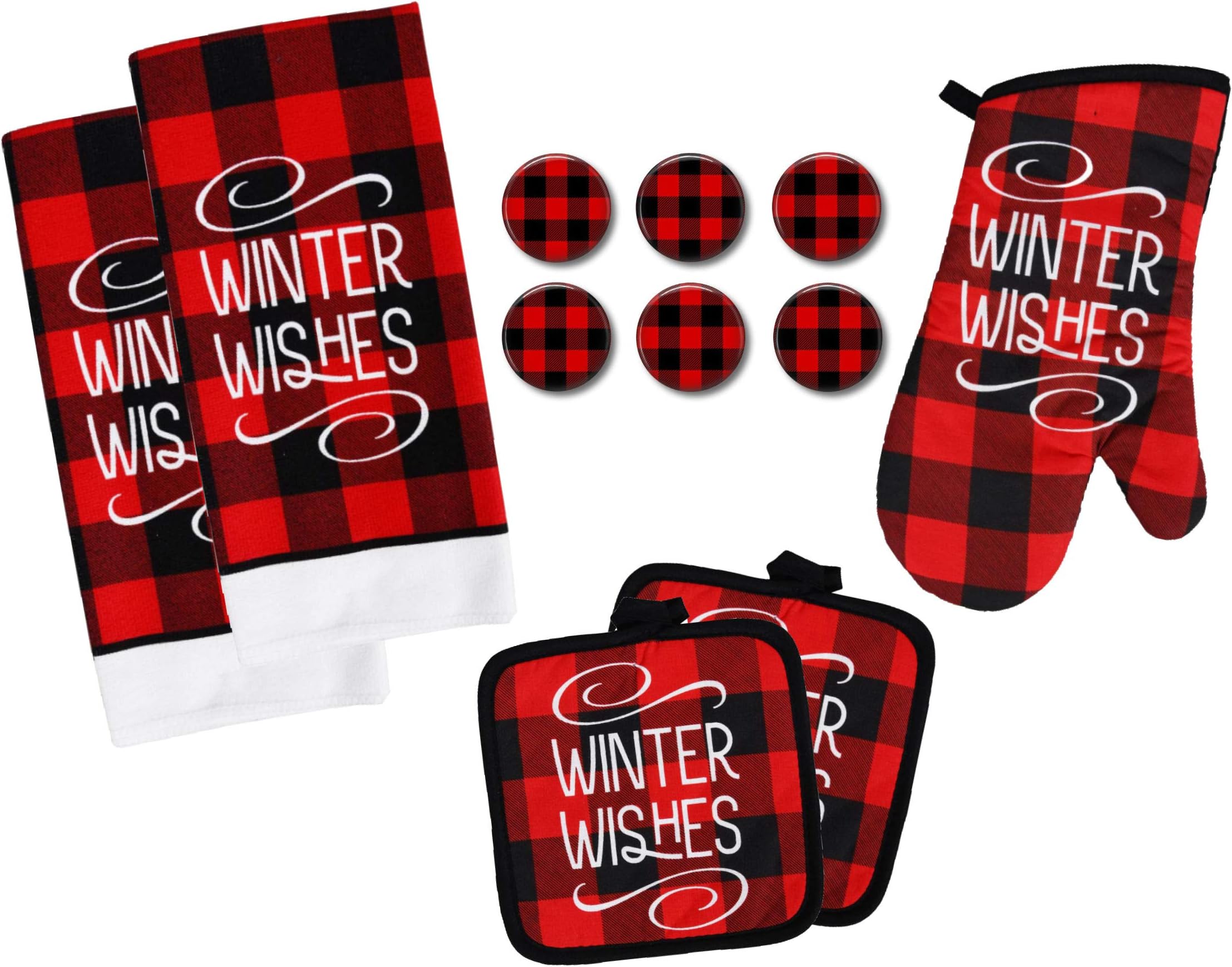 Buffalo Check Kitchen Towel Set with Pot Holders Oven Mitt and Set of 6 Refrigerator Magnets - Black and Red Plaid - Modern Farmhouse Decor Set (Winter Wishes)