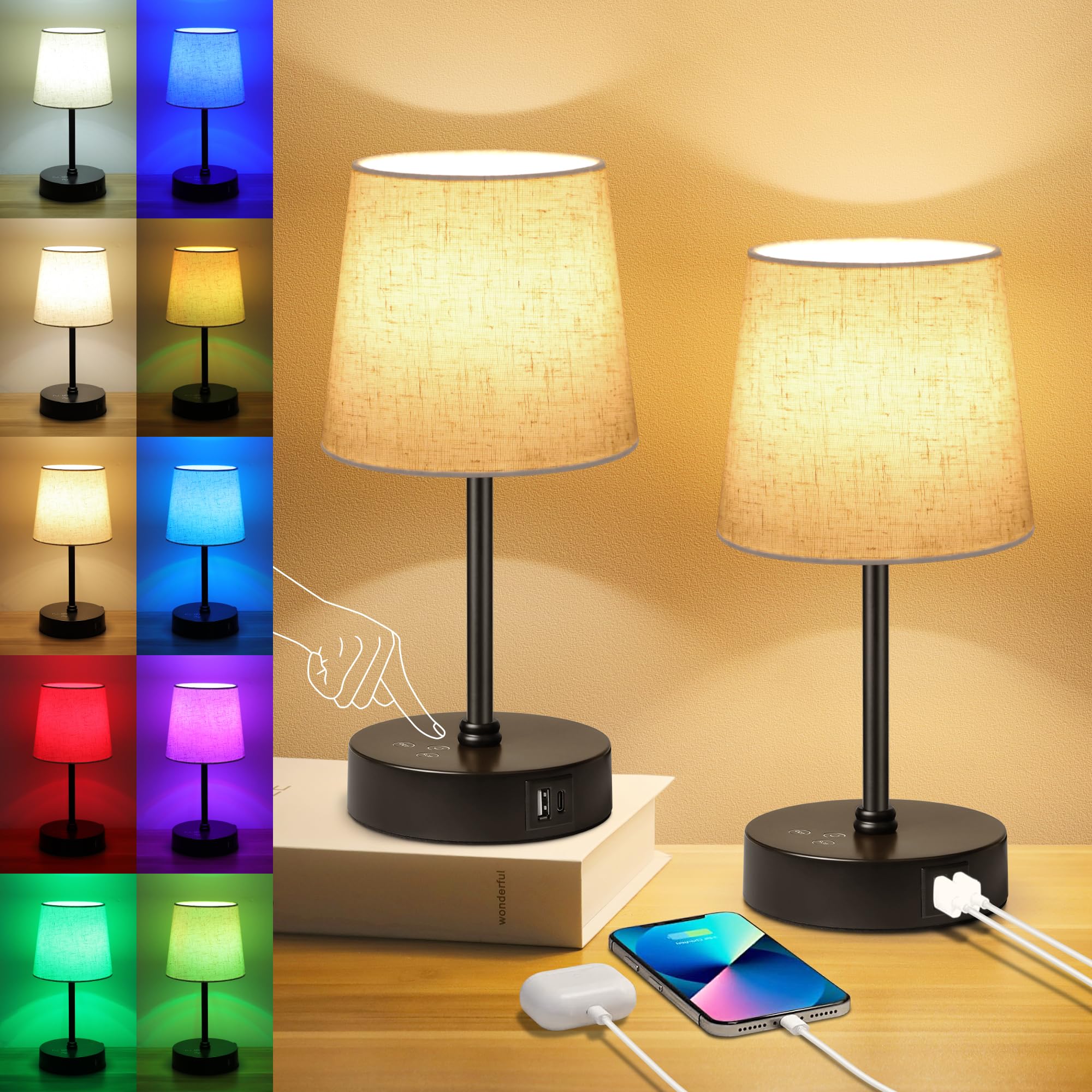 Photo 1 of **Only 1***
Ascher Small Bedside Table lamp Set of 2, RGB Color Changing Lamps, 3 Color Temperatures, Dimmable Nightstand Lamp with USB C+A Ports, Touch Desk Lamp for Bedroom Living Room, H11.4in(Flaxen Shade)..