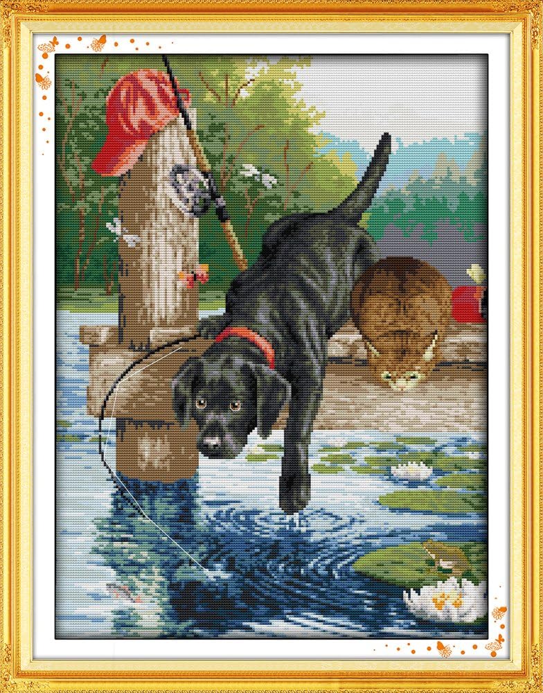 Joy Sunday Cross Stitch Kits,Animal Style,A Dog Fishing,14CT Counted, 40cm×52cm or 15.6"×20.28"