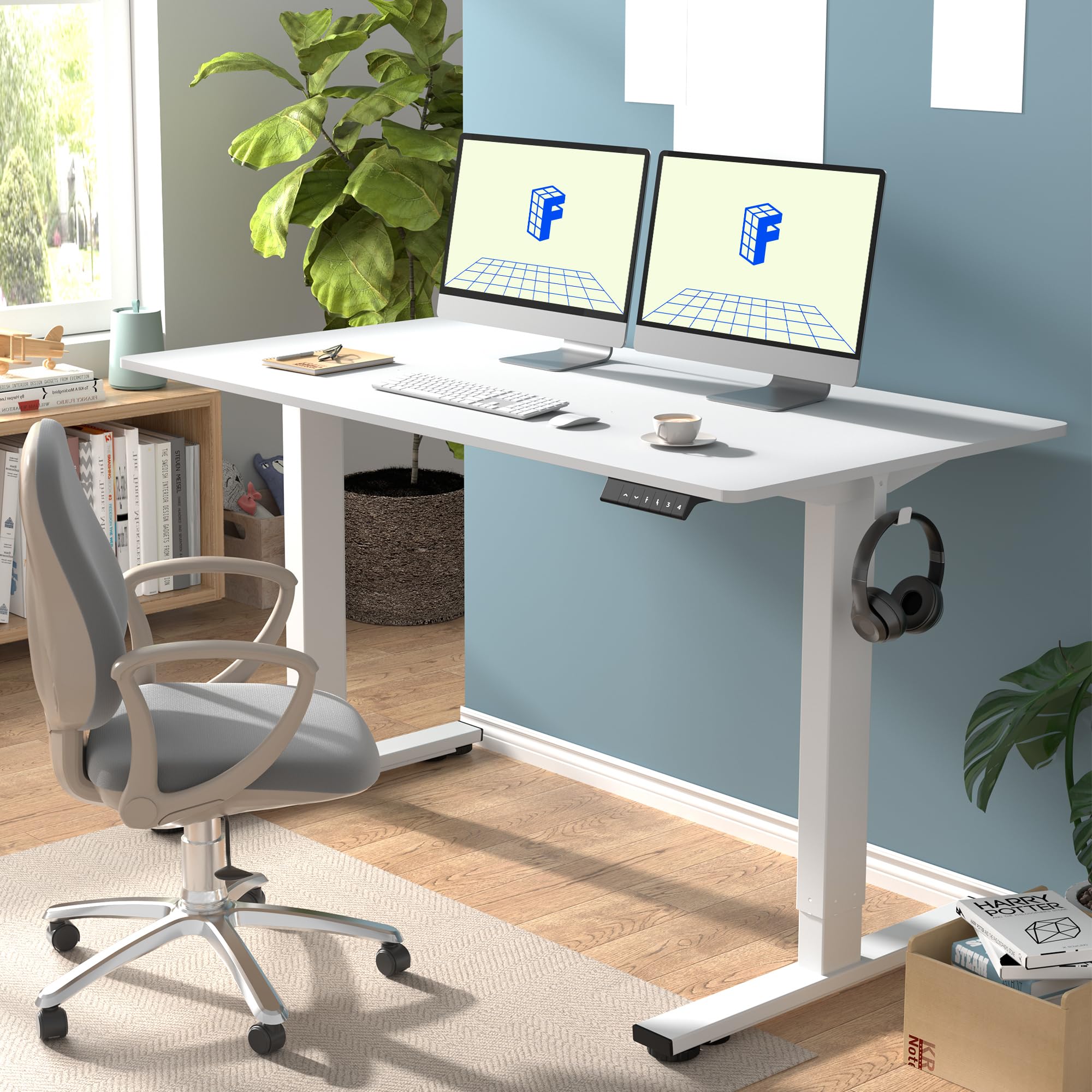FLEXISPOT EN1 One-Piece Electric White Standing Desk 55 x 28 Inch Desktop Adjustable Height Desk for Home Office and Computer Workstation (White Frame + 55