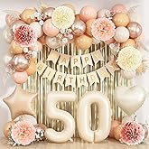 Beige 50th Birthday Decorations for Women Cream Number 50 Balloon Nude Gold Happy Birthday Banner Fringe Curtain Paper Pom Poms Blush White Sand Champagne Star Foil Balloons Neutral Boho Party Decor