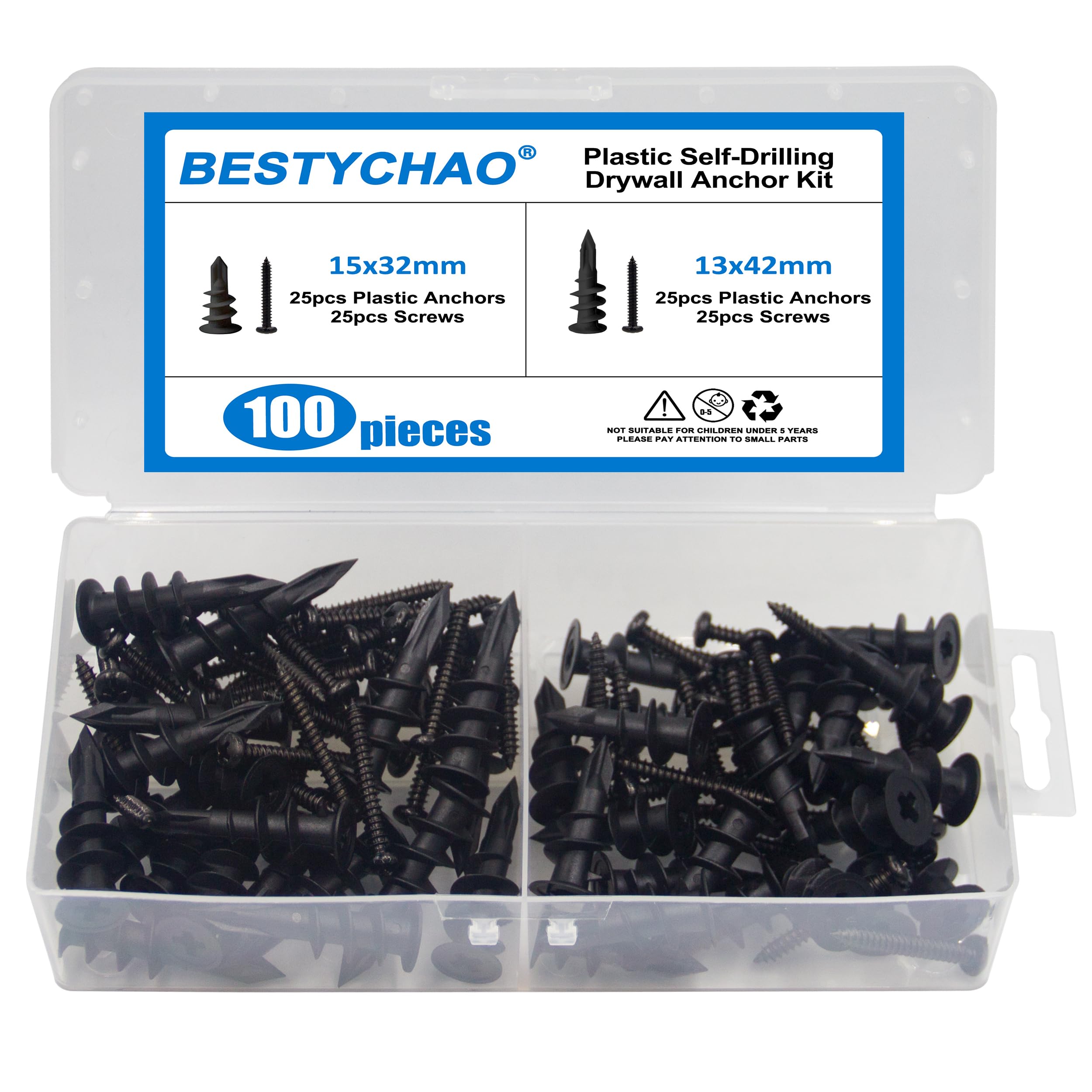 BESTYCHAO 100pcs Drywall Anchors and Screws Kit, 50 Nylon Plastic Wall Anchors and 50 Screws, 2 Sizes Self Drilling Anchors Assortment Kit for Plasterboard Wall - Black