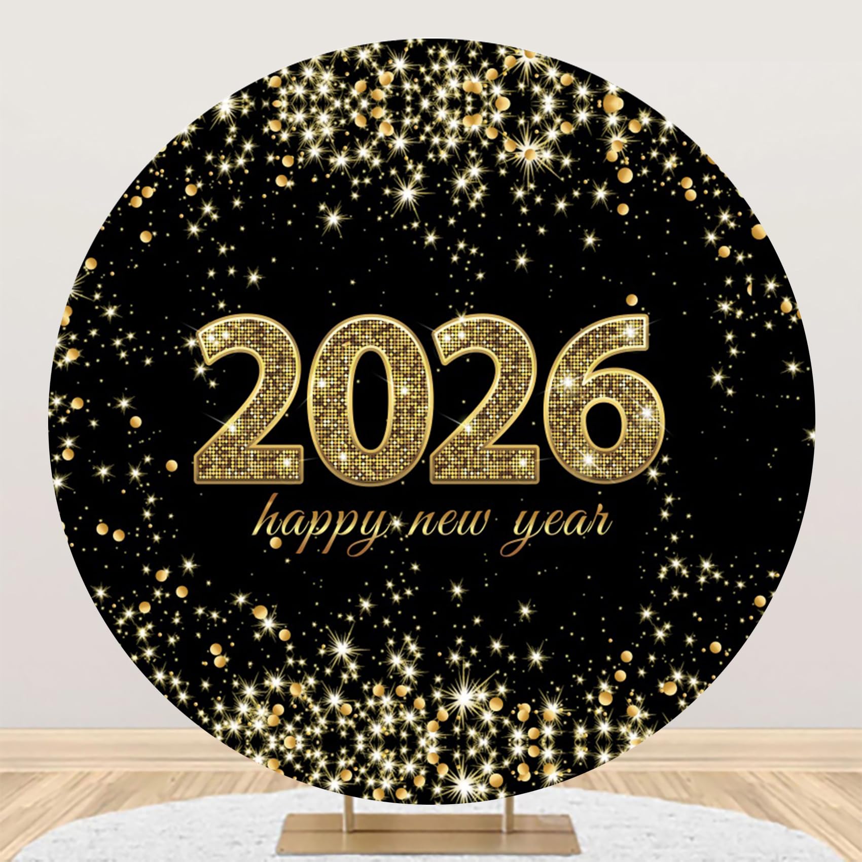 Photo 1 of YongFoto 2026 Happy New Year Round Backdrop Cover 6.5ft Gold Black Photography Background Merry Christmas Xmas Eve New Year's Night Festival Carnival Family Celebration Party Banquet Decor Banner