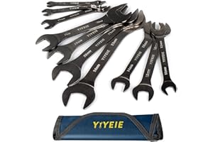 YIYEIE Super-Thin Open End Wrench Set, 10-Piece Metric, 5.5, 7, 8, 9, 10, 11, 12, 13, 14, 15, 16, 17, 18, 19, 20, 21, 22, 23, 24, 27 mm, Nickel Coating, CR-V Steel, Slim Wrench with Rolling Pouch