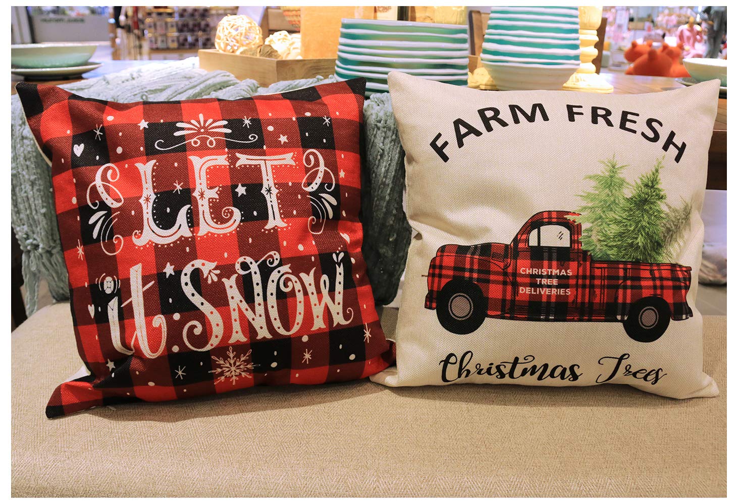 YEVIOR Klassisch Buffalo Plaid Kissenbezuge Weihnachten Dekorative Dekokissen Kissenhülle 4er Set, Christmas Motiv Schneeflocke Rentier Muster 45x45cm,Zierkissenbezüge für Sofa Zuhause Dekor,Leinen