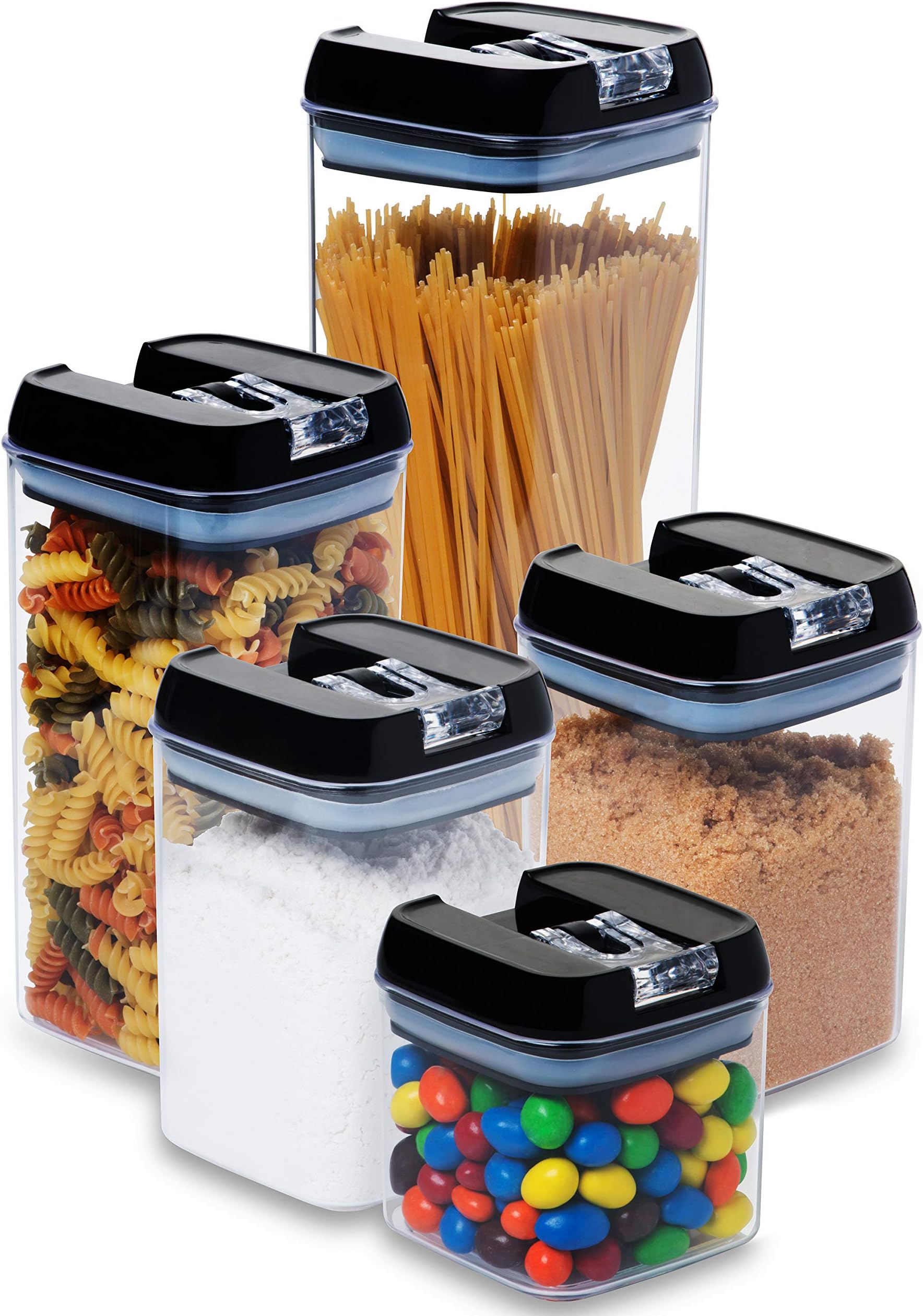 5 pc. Set Clear Food Containers w Airtight Lids Canisters for Kitchen & Pantry Storages - Storage for Cereal, Flour, Cooking - BPA-Free Plastic Black Lid by Guru Products