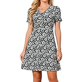 Seta T Women's Floral Print Dress Casual Ruched Short Sleeve V Neck Sundress Stretchy A Line Flowy Summer Mini Dresses