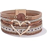 FANCY SHINY Heart Leather Wrap Bracelets Stackable Boho Cuff Bangles Trendy Resin Stone Rhinestone Bracelets with Magnetic Clasp for Women Valentine Gifts