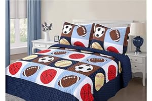 GOLDEN LINENS LLC Golden Linens 3 pieces Full Size Quilt Bedspread Set Kids Sports Basketball Football Baseball for Boys & Girls (Full)