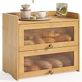 Large Vintage Bread Box for Kitchen Countertop Farmhouse Bread Holder | Double Layer Breadbox Organizer Storage Container with Window for Homemade Bread (Bamboo, 2 Tier)