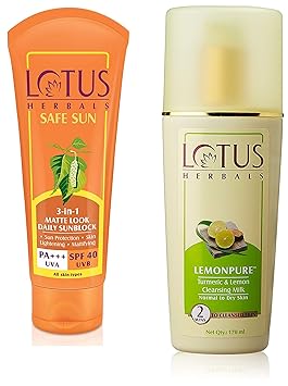 Lotus Herbals Safe Sun 3-In-1 Matte Look Daily Sunblock, SPF 40, 100g & Herbals Lemonpure Turmeric And Lemon Cleansing Milk, 170ml Combo