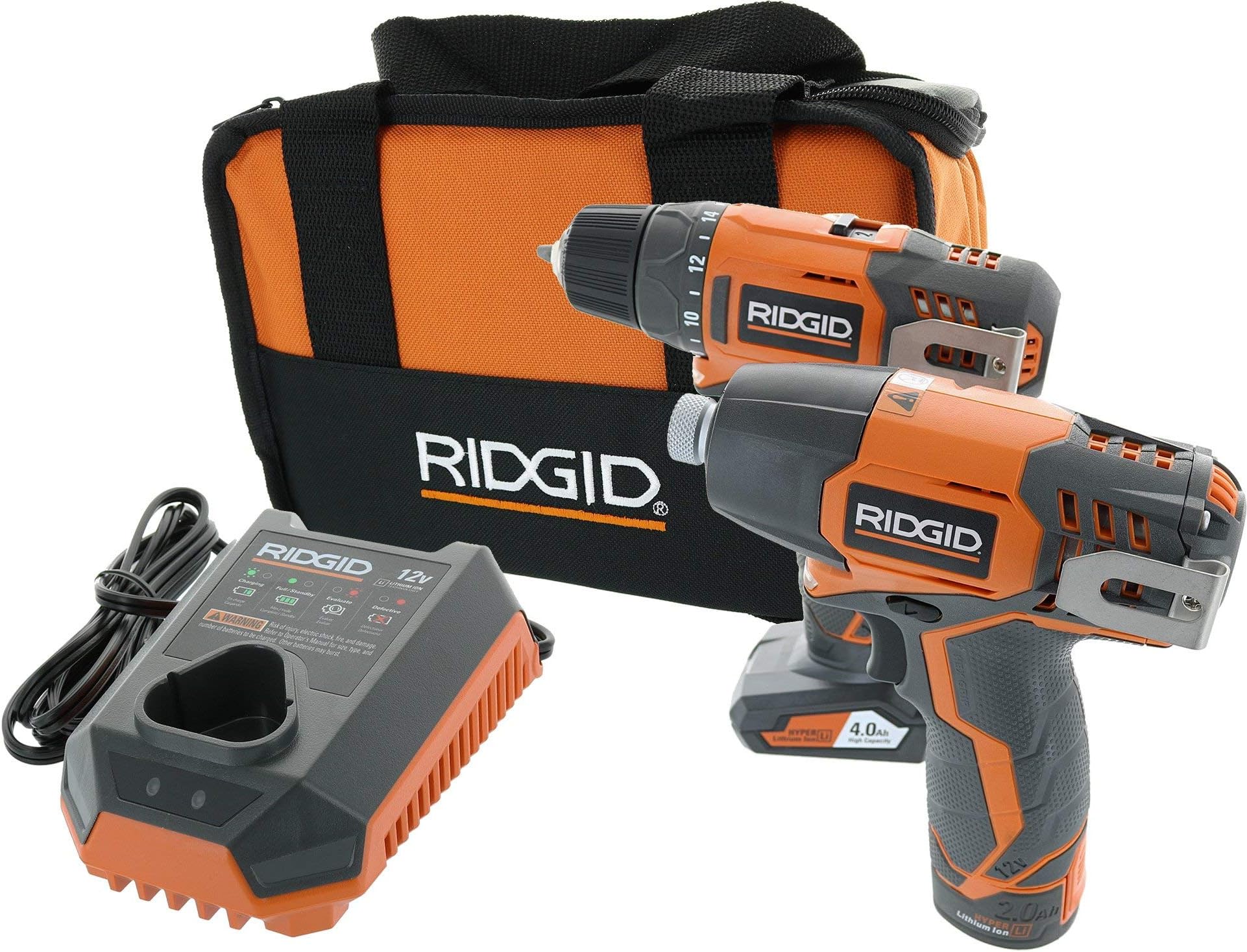 Ridgid R9000K 12V Hyper Lithium-Ion Drill / Driver Combo Kit (1 x R82005 Drill, 1 x R82230 Impact Driver, 1 x AC82049 2AH Battery, 1 x AC82059 4AH Battery, 1 x R86049 Charger) (Renewed)