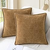 CaliTime Throw Pillow Covers Decorative 18 X 18 Inches Pack of 2 Cotton Thread Stitching Edges Solid Dyed Soft Chenille Cushion Cases for Couch Sofa Bed Living Room Farmhouse Apricot Brown