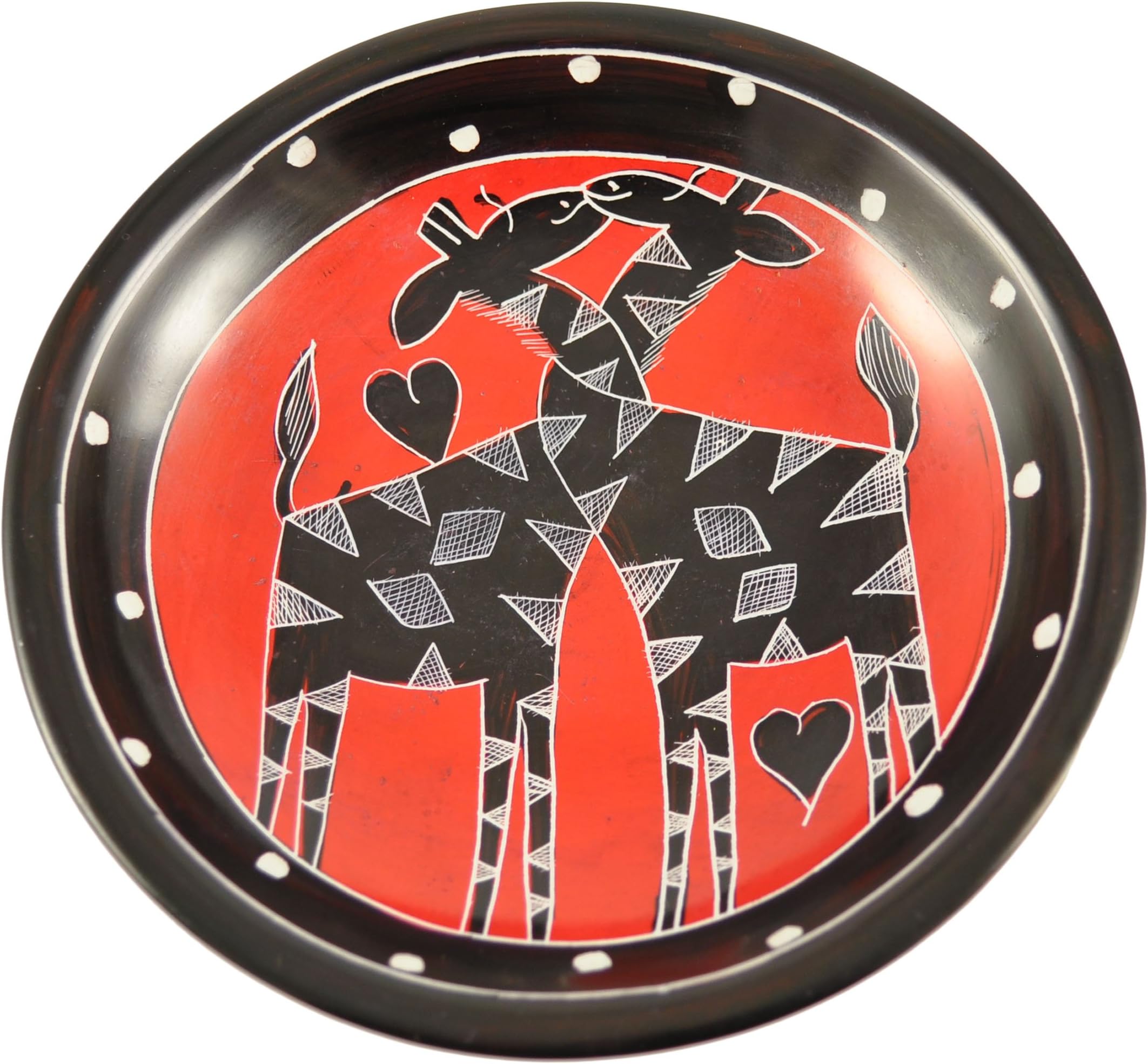 Swahili African Modern Romancing Giraffes 5-inch Carved Soapstone Bowl, Red/Black