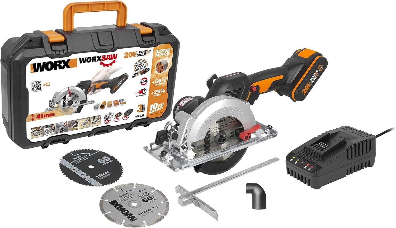 Worx WX531 20V PowerShare Cordless 120mm Brushless Compact Circular Saw with 1x 2.0Ah Battery & Charger, 41mm Cutting Depth