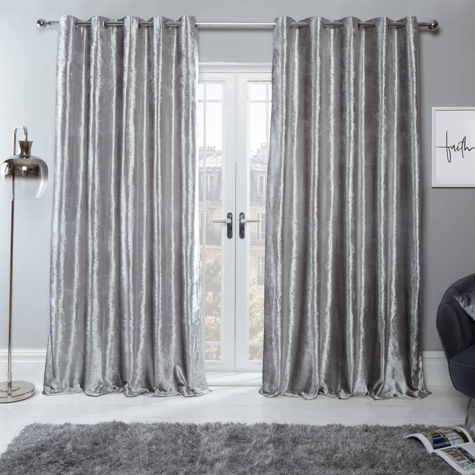 Sienna Silver Crushed Velvet Curtain Eyelet Ring Top Pair of Fully Lined Curtains, Soft Luxury Light Blocking Curtains for Bedroom Living Room 2 Panel, 66" x 72"