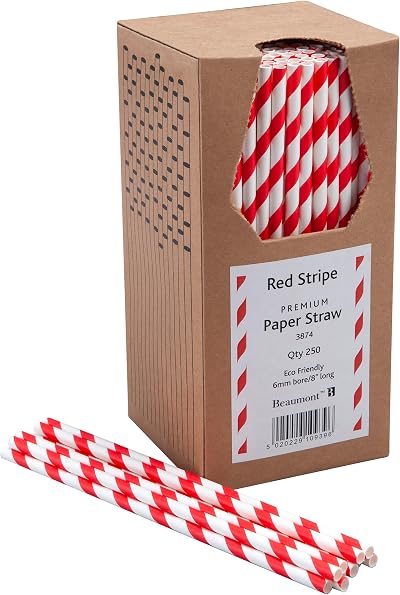 Beaumont 8 Inch Red White Striped Paper Straw 6mm Bore Pack 250
