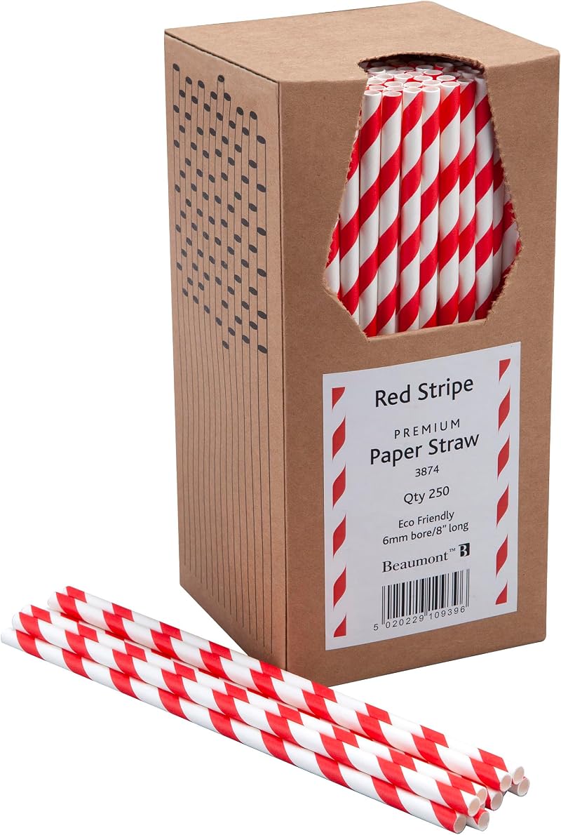 Beaumont 8 Inch Red White Striped Paper Straw 6mm Bore Pack 250