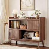 ONBRILL 44" Sideboard Buffet Cabinet with Outlet &amp; Sliding Door, Wlanut | Fluted Sideboard Cabinet with Open Storage Space/Adjustable Shelf, Mid-Century Accent Coffee Bar Console Table with Wood Feet