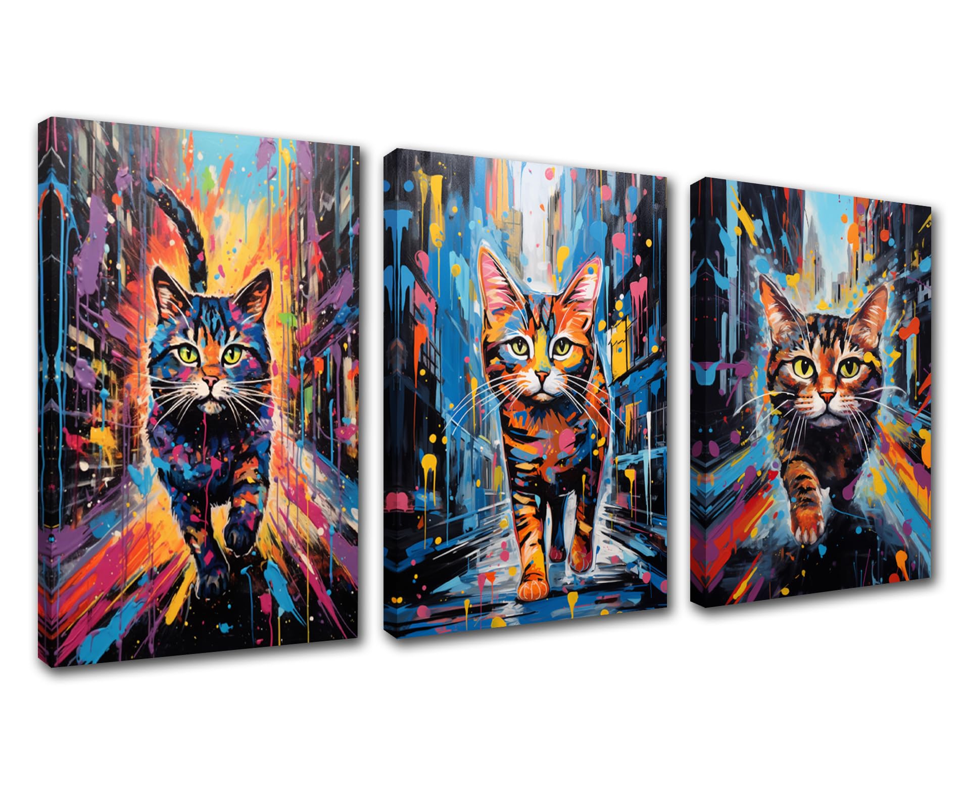 Graffiti Canvas Wall Art Cat Running on a Colorful Street Picture Wall Decor Watercolour Style Painting Prints Poster for Livingroom Home Wall Decor Funny Animal Artwork Stretched Easy to Hang 42”x20”