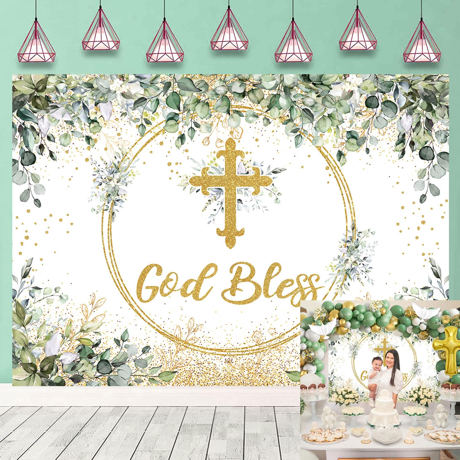 Photo 1 of Greenery God Bless Backdrop First Holy Communion Baptism Party Decorations Banner for Christening Ceremony Newborn Baby Shower Cake Table Banner Photoshoot Props (94X70 inch (8x6FT))