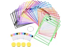 WOT I Dry Erase Pockets 30 Packs, Oversized 10 x 14 Inches Dry Erase Sleeves, Job Ticket Holders Reused Plastic Sheet Protectors, Assort Colors Teacher Students Supplies for Class