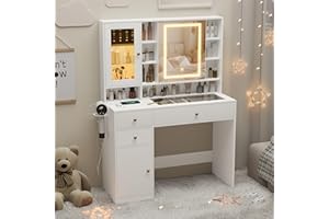 Wodeer Makeup Vanity Desk with Mirror and Lights, White Vanity with Glass Top, Jewelry Storage, Power Outlets, 3 Drawers & 2 Cabinets, Adjustable LED Lighting, Dressing Table for Women & Girls Bedroom