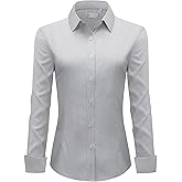 siliteelon Button Down Stripes Shirts for Women Long Sleeve Formal Work Dress Wrinkle Free Blouses Tops Black Stripes Large
