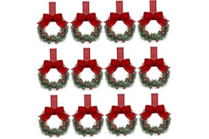 Mini Wreaths for Cabinets 12PCS 6 Inch Small Christmas Wreath with Red Ribbon Bows and Berry for Window Door Farmhouse Christ