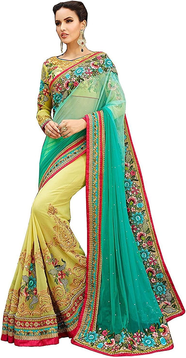 Femiss heavy embroidered saree indian style with blouse material for woman