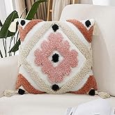 Merrycolor Boho Throw Pillow Covers 18x18 with Tassels Tufted Pink Throw Pillows Modern Farmhouse Decorative Pillows Cover for Bed Couch Sofa Bedroom,1PC