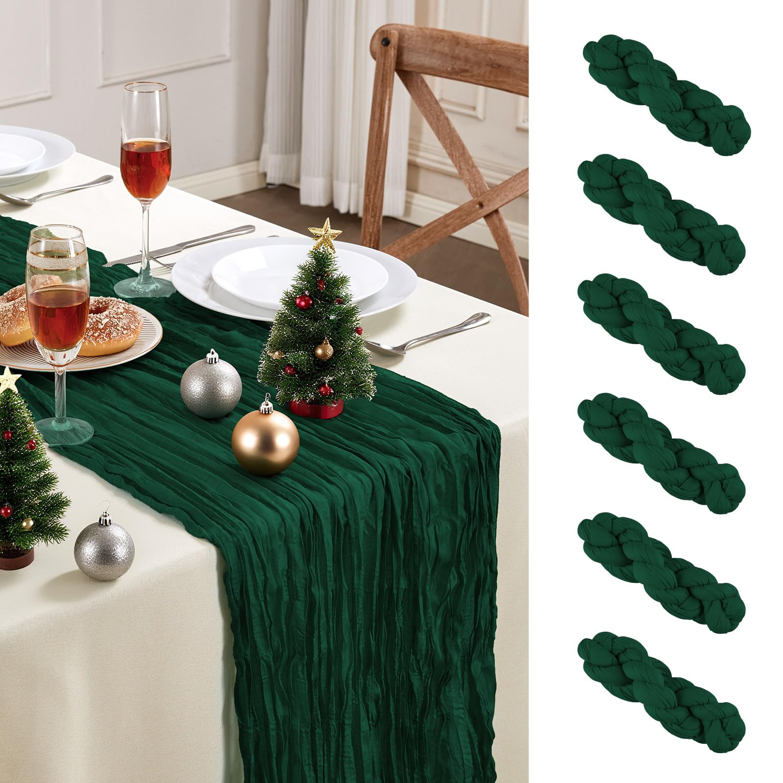 6 Pack Emerald Green Cheesecloth Table Runner 10FT Long Easter Spring Boho Gauze Table Runner Rustic Sheer Runner for Wedding Bridal Baby Shower Birthday Party Table Decor Easter Decorations Image