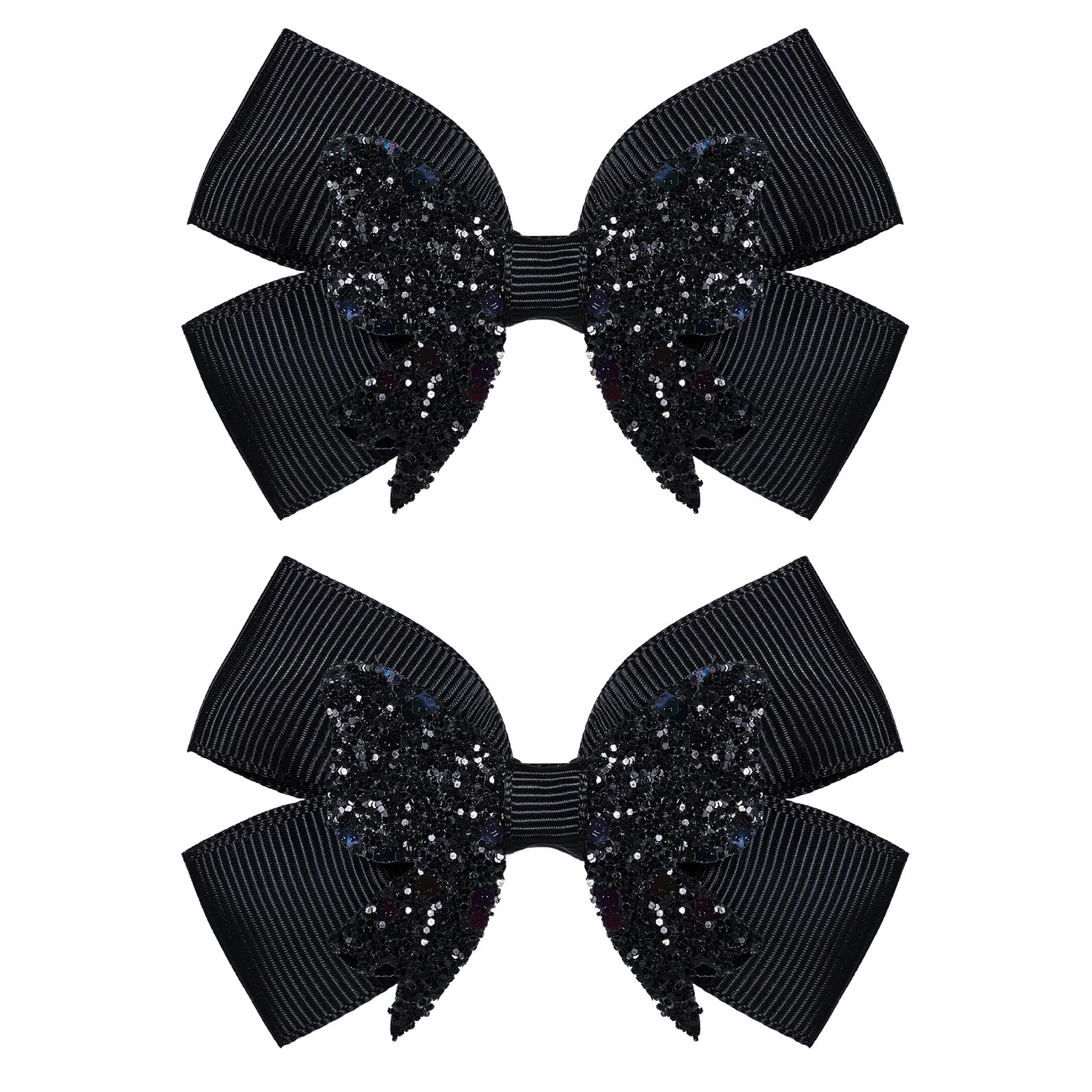 Photo 1 of 3" Glitter Black Ribbon Pigtail Hair Bow Clips Set of 2,Sparkling Sequins Alligator Barrettes Hairpins for Toddler Teen Girls Kids Birthday,Wedding,Halloween Party,Back School Gift