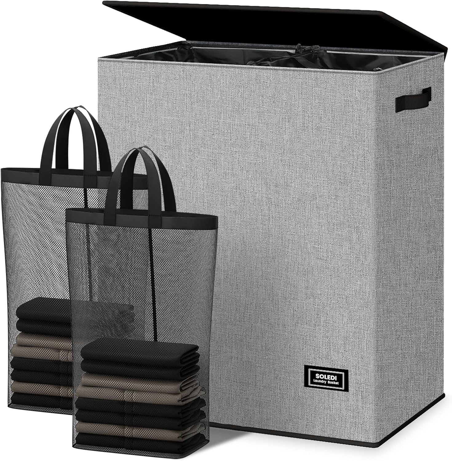 Photo 1 of ***BADLY STAINED*** SOLEDI Double Laundry Hamper with Lid and Removable bag, Large Laundry Basket 2 Section with handles, Collapsible Dirty Clothes Hampers for Laundry, Bedroom, Dorm, College